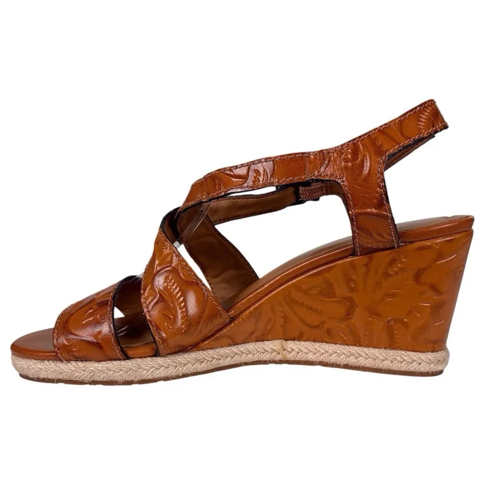 Patricia Nash Rafa Tooled Leather Espadrille Wedge Sandals Whiskey Size 10